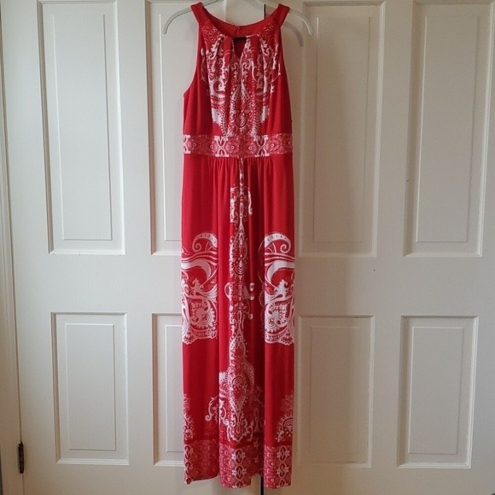 NWT SANDRA DARREN HALTER EMPIRE WAIST MAXIDRESS BOHO RESORT RED WHITE SIZE 8